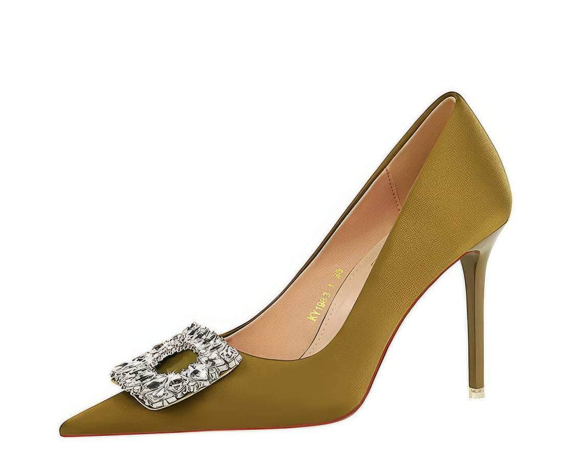 Square Rhinestone Court Satin Stilettos