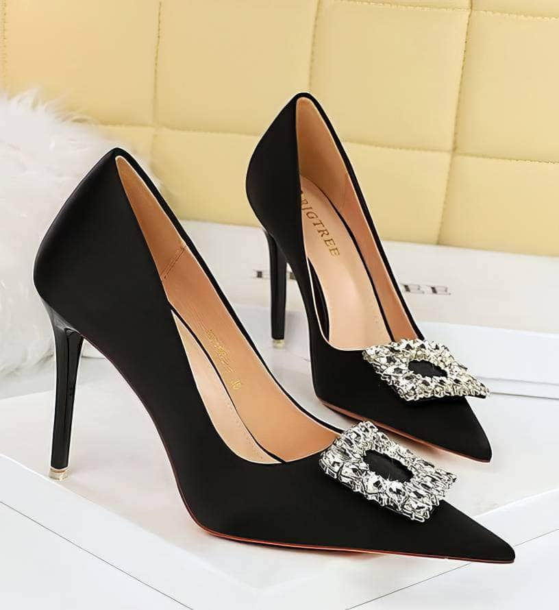 Square Rhinestone Court Satin Stilettos