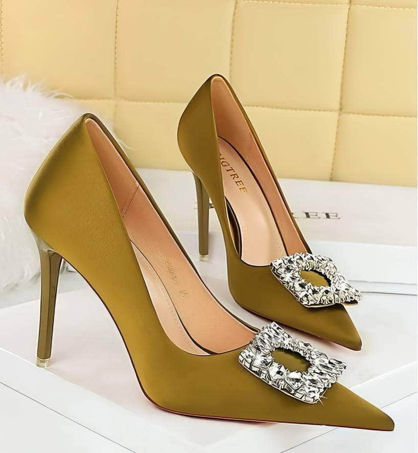 Square Rhinestone Court Satin Stilettos