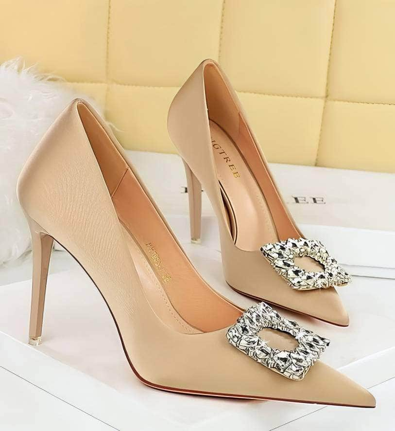 Square Rhinestone Court Satin Stilettos