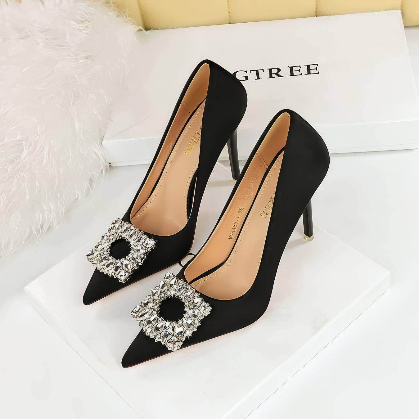 Square Rhinestone Court Satin Stilettos