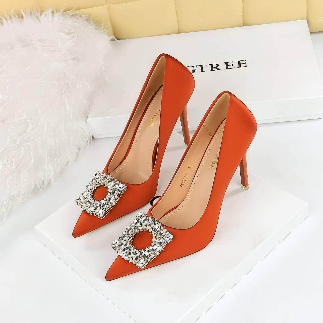 Square Rhinestone Court Satin Stilettos