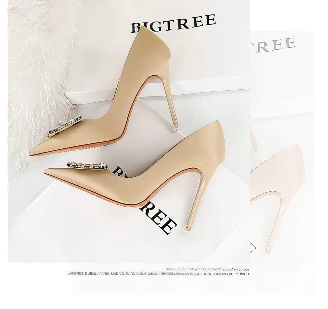 Square Rhinestone Court Satin Stilettos