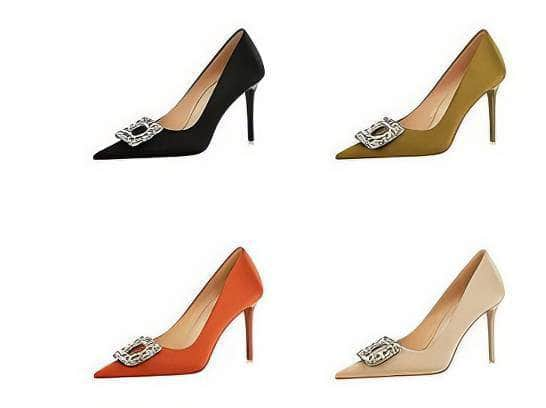 Square Rhinestone Court Satin Stilettos