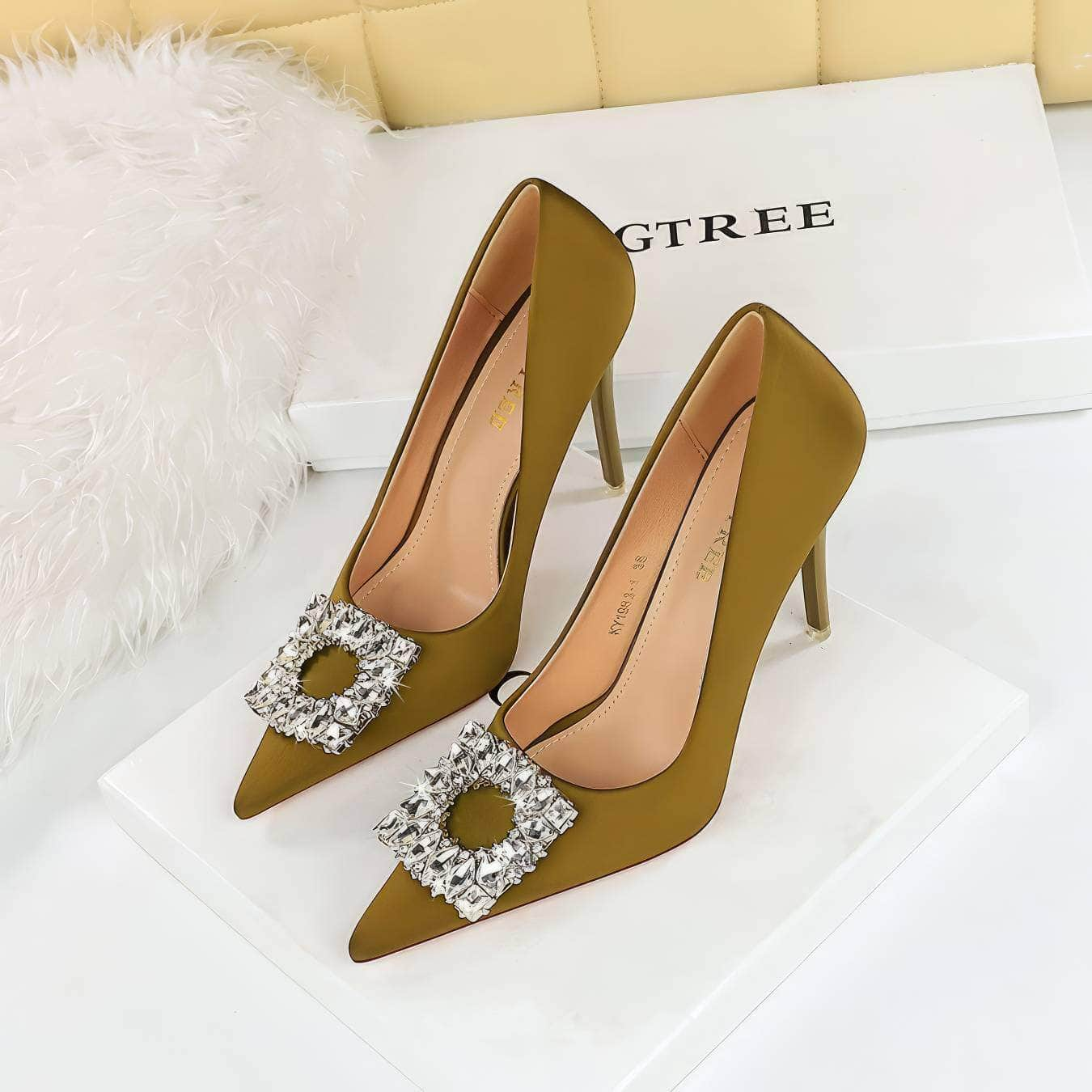 Square Rhinestone Court Satin Stilettos