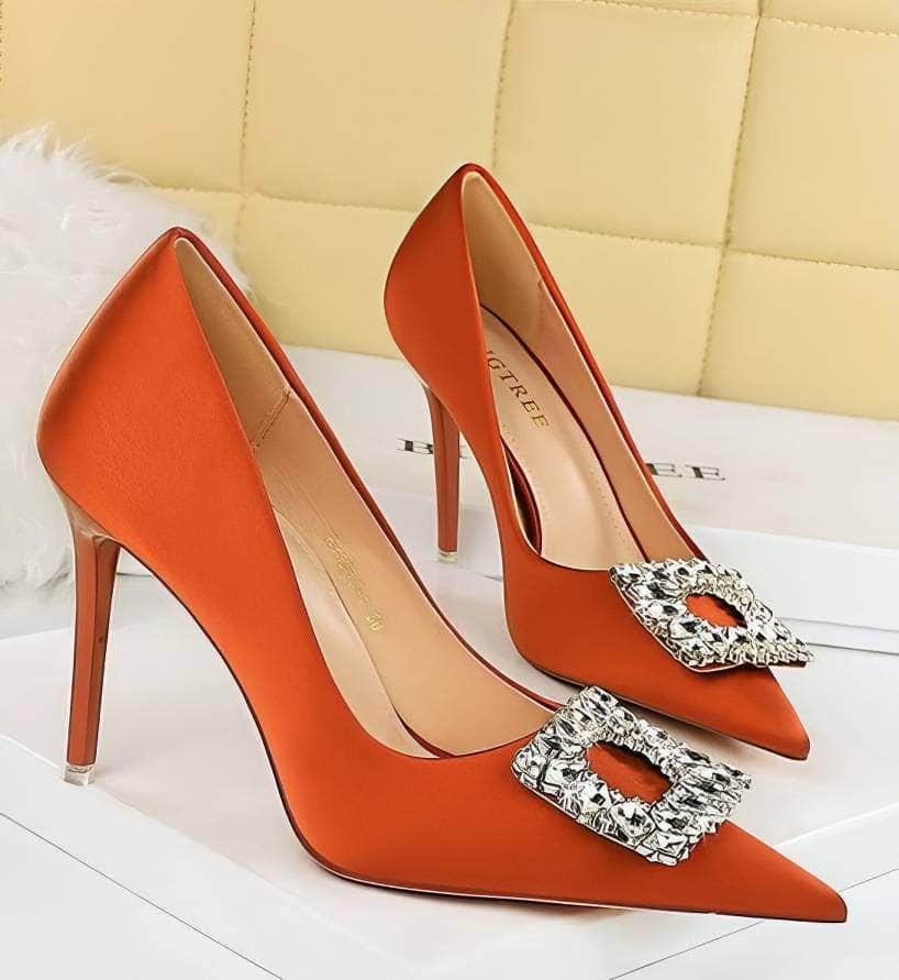 Square Rhinestone Court Satin Stilettos