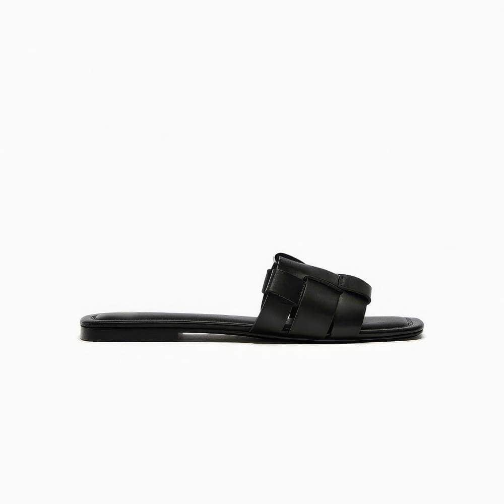 Square Toe Basket Weave Flat Mules Slides