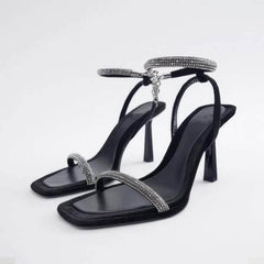 Square Toes Rhinestone Ankle Sandal Heels EU 34 / Black / 8.5CM