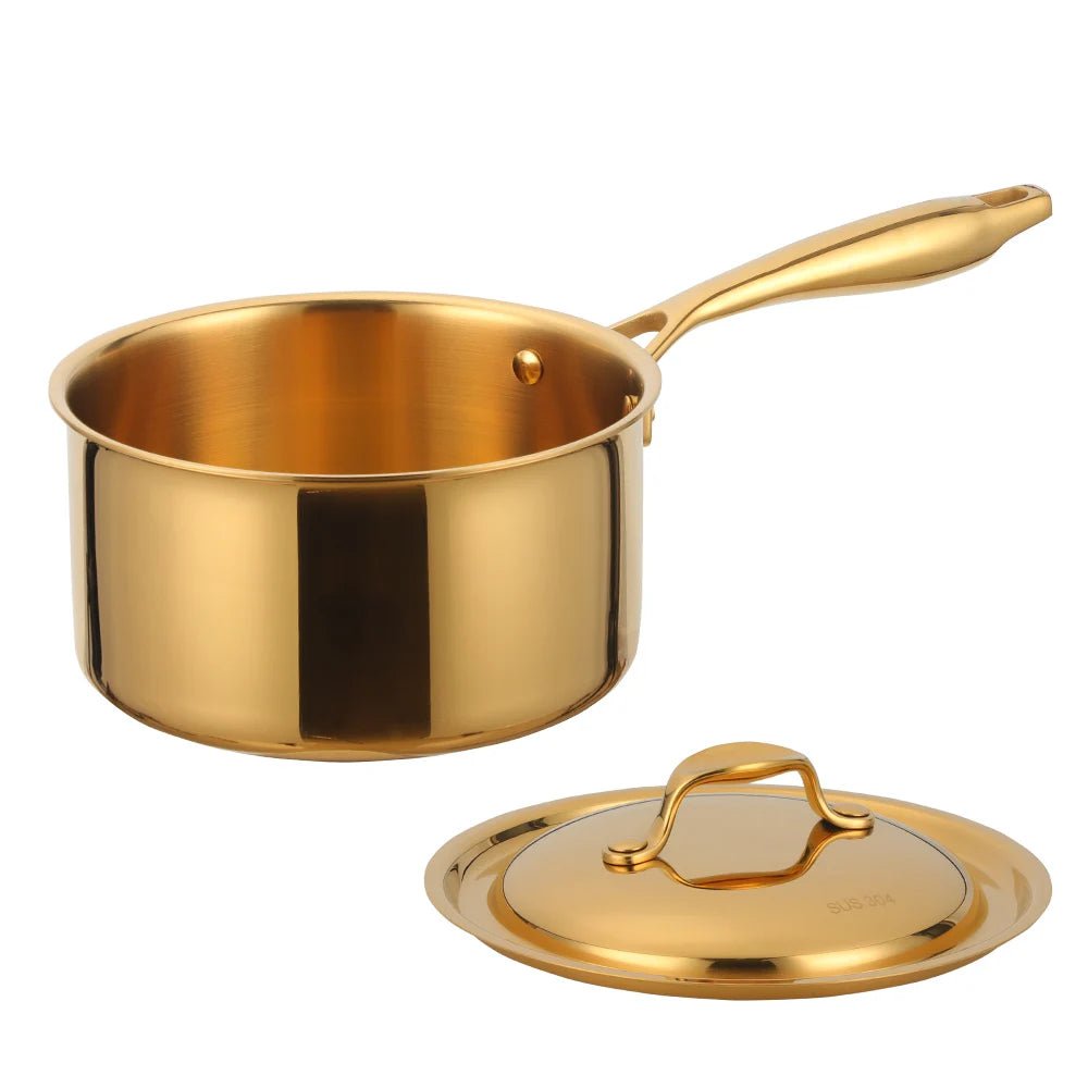 Stainless Steel 3-Layer Bottom Milk Pot with Long Handle and Lid for Cooking, Heating, and Melting Gold