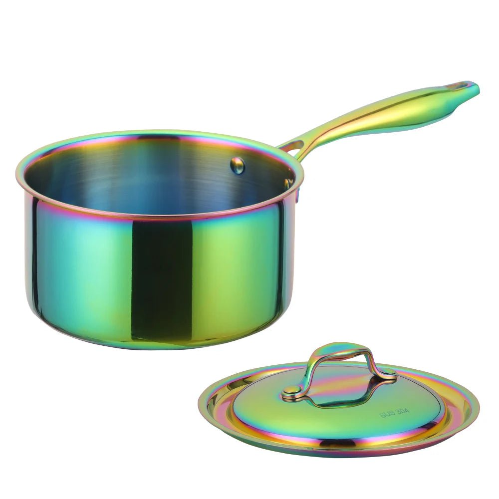 Stainless Steel 3-Layer Bottom Milk Pot with Long Handle and Lid for Cooking, Heating, and Melting Rainbow no.0