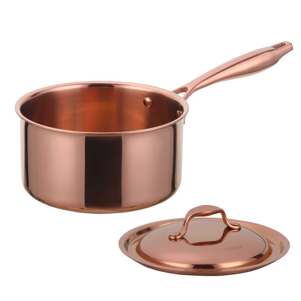 Stainless Steel 3-Layer Bottom Milk Pot with Long Handle and Lid for Cooking, Heating, and Melting Rose gold