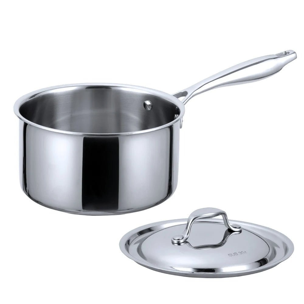 Stainless Steel 3-Layer Bottom Milk Pot with Long Handle and Lid for Cooking, Heating, and Melting Silver