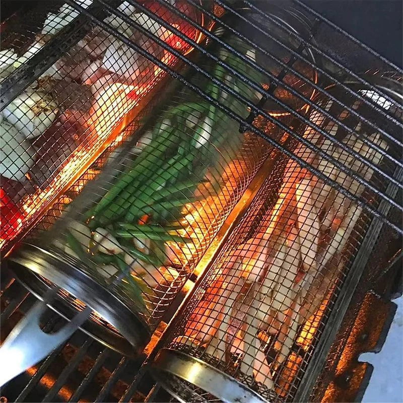 Stainless Steel BBQ Grilling Basket - Mesh Roaster Drum for Fruits and Vegetables, Cylindrical Rolling Oven Mesh Roasts
