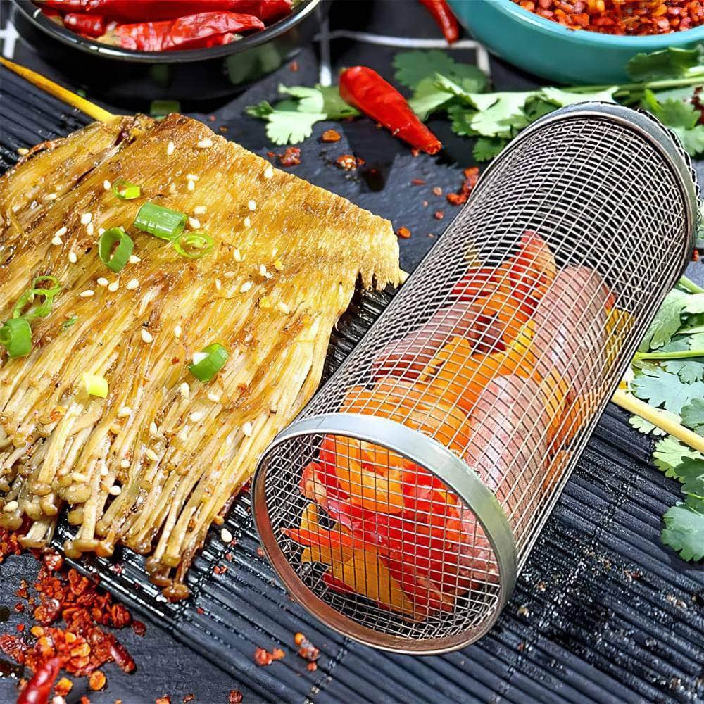Stainless Steel BBQ Grilling Basket - Mesh Roaster Drum for Fruits and Vegetables, Cylindrical Rolling Oven Mesh Roasts