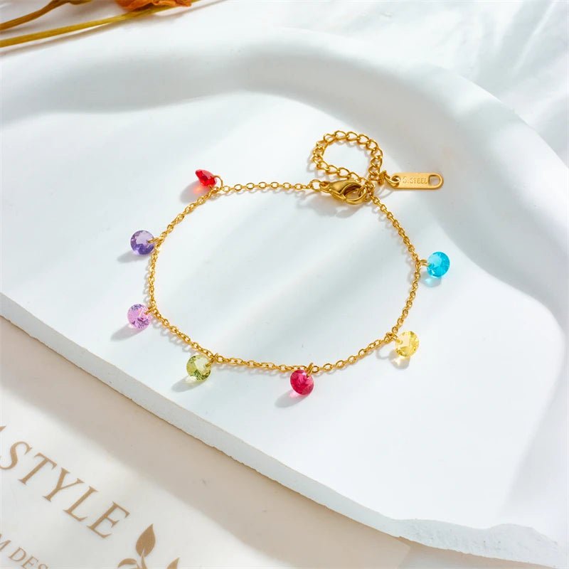 Stainless Steel Colorful Zircon Crystal Charm Bracelet - Trendy, Waterproof Bangles for Women and Girls, Jewelry Gift