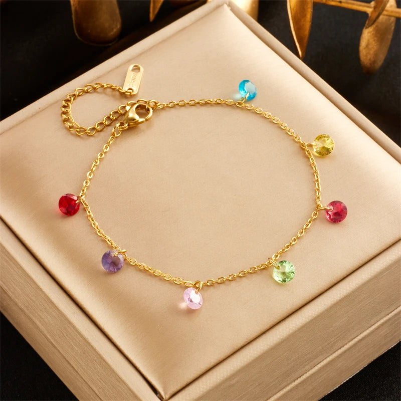 Stainless Steel Colorful Zircon Crystal Charm Bracelet - Trendy, Waterproof Bangles for Women and Girls, Jewelry Gift B982