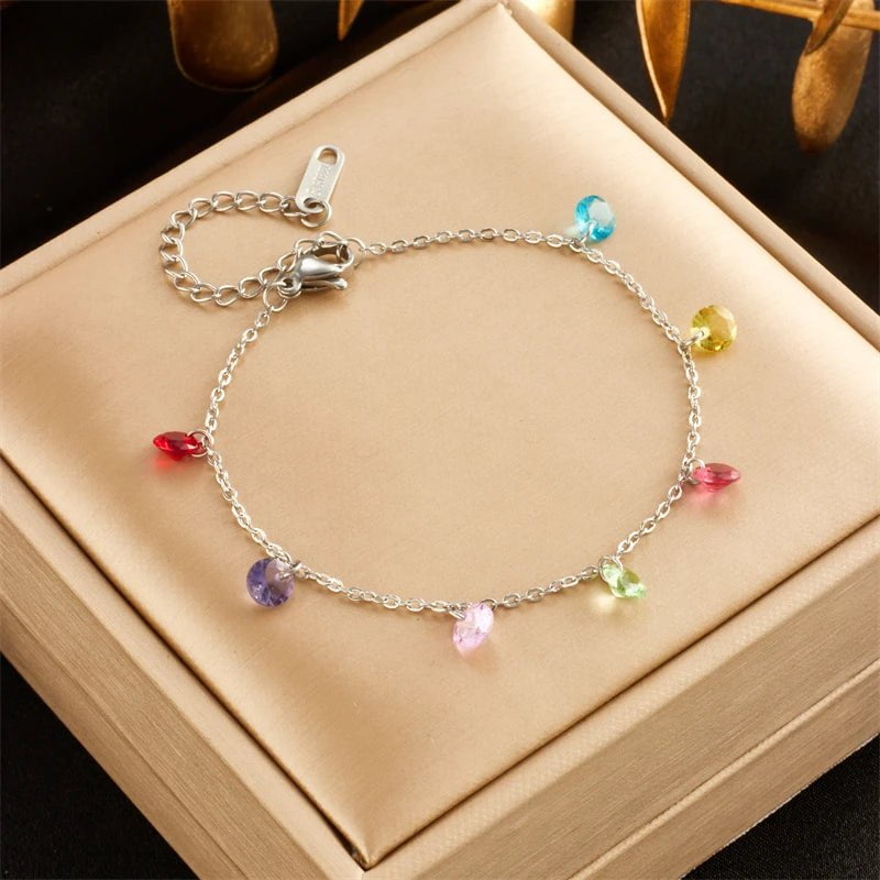 Stainless Steel Colorful Zircon Crystal Charm Bracelet - Trendy, Waterproof Bangles for Women and Girls, Jewelry Gift B983