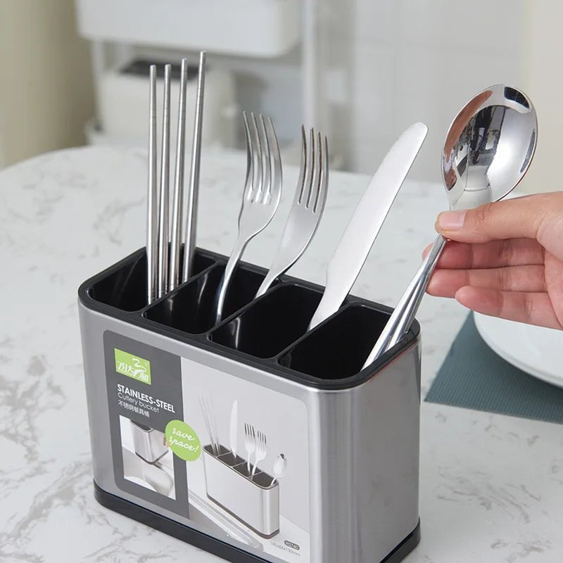 Stainless Steel Cutlery Holder - Household Tableware Organizer with Drainboard for Spoons and Cutlery