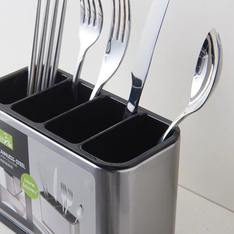 Stainless Steel Cutlery Holder - Household Tableware Organizer with Drainboard for Spoons and Cutlery