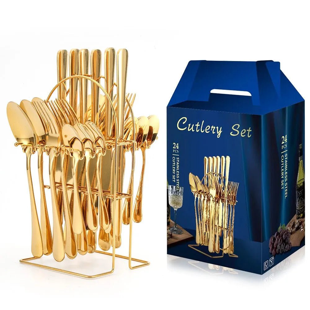Stainless Steel Cutlery Set: 24pcs with Holder & Gift Box - Ideal Tableware for Every Occasion 24pcs Golden