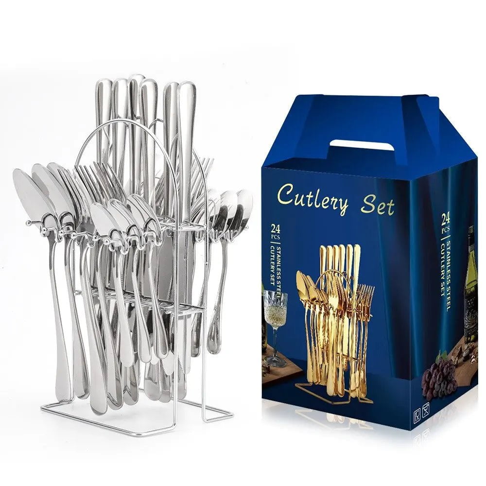 Stainless Steel Cutlery Set: 24pcs with Holder & Gift Box - Ideal Tableware for Every Occasion 24pcs Silvery