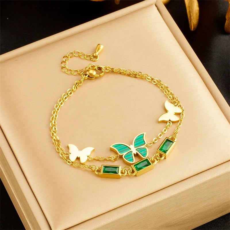Stainless Steel Dual-Layer Butterfly Crystal Charm Bracelet B1057
