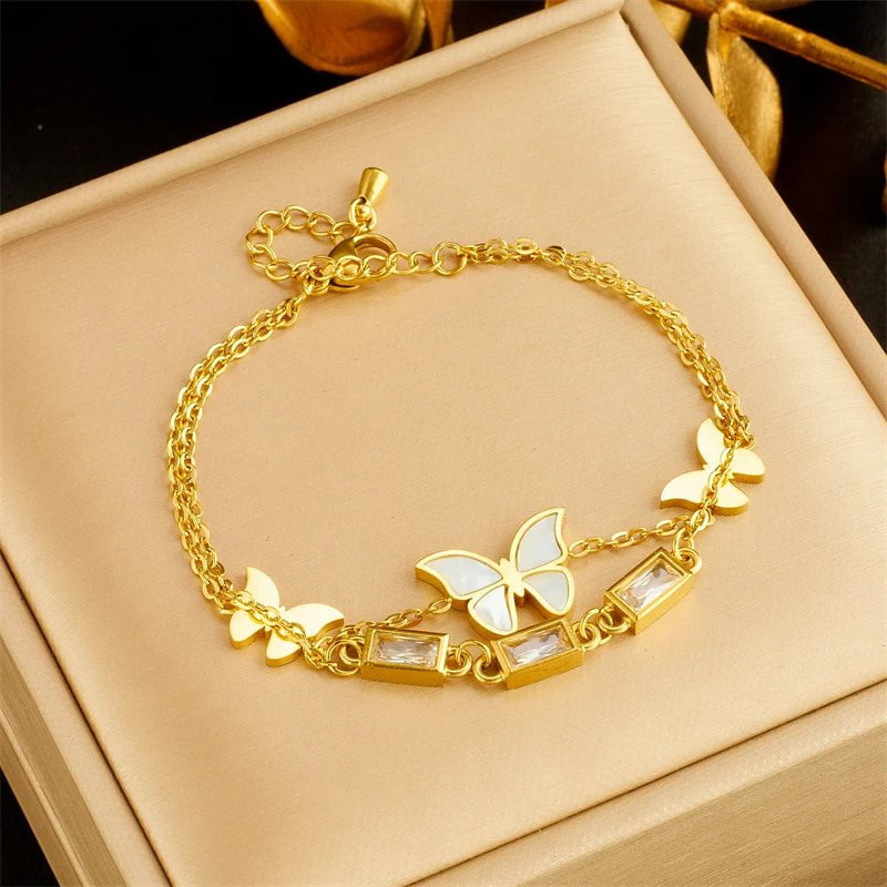 Stainless Steel Dual-Layer Butterfly Crystal Charm Bracelet B1058