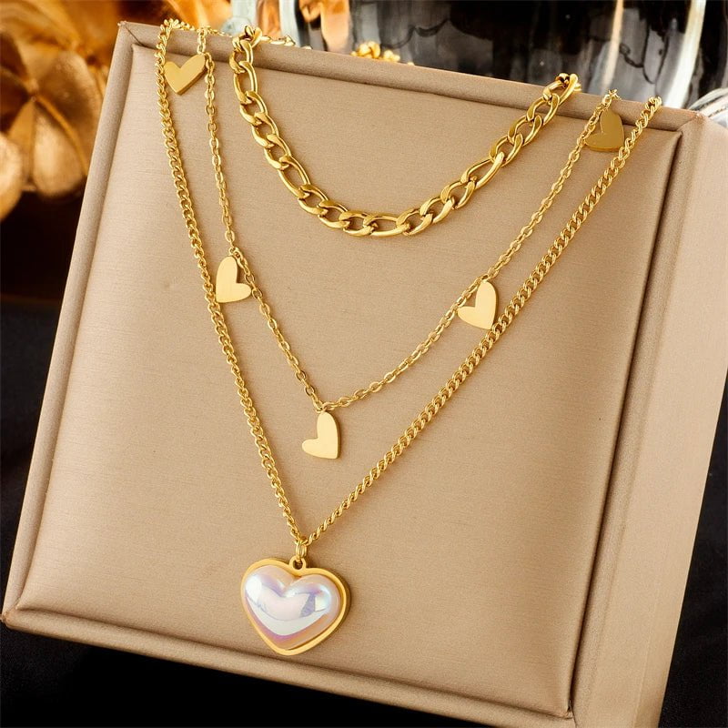 Stainless Steel Elegant Heart-Shaped Pearl Pendant Necklace for Women N2055