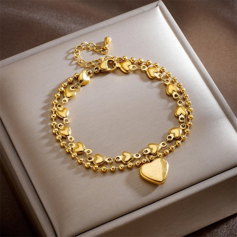 Stainless Steel Gold-Colored Heart "LOVE" Charm Bracelet for Women B726