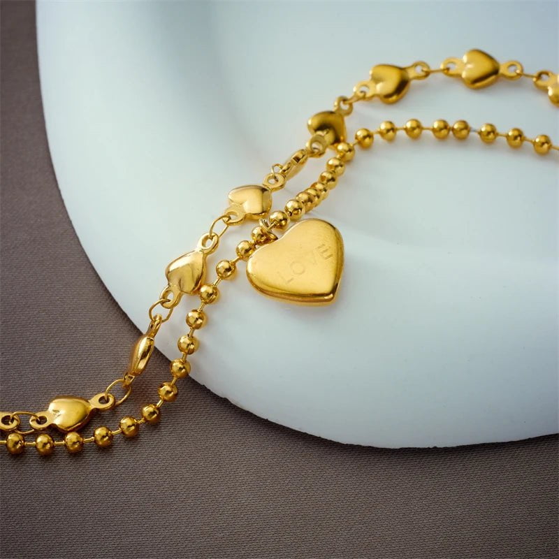 Stainless Steel Gold-Colored Heart "LOVE" Charm Bracelet for Women B726