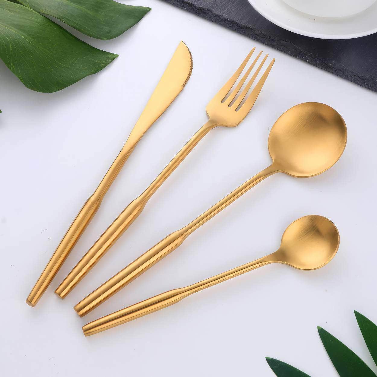 Stainless Steel Gold Dinnerware Set - Round Handle Knife, Fork, Coffee Spoon Cutlery Set, Kitchen Flatware Silverware Sets