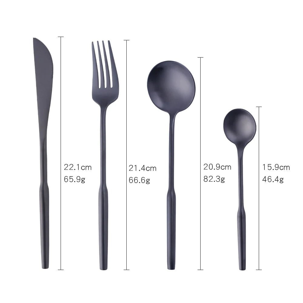 Stainless Steel Gold Dinnerware Set - Round Handle Knife, Fork, Coffee Spoon Cutlery Set, Kitchen Flatware Silverware Sets Black