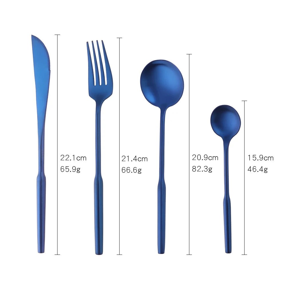 Stainless Steel Gold Dinnerware Set - Round Handle Knife, Fork, Coffee Spoon Cutlery Set, Kitchen Flatware Silverware Sets Blue