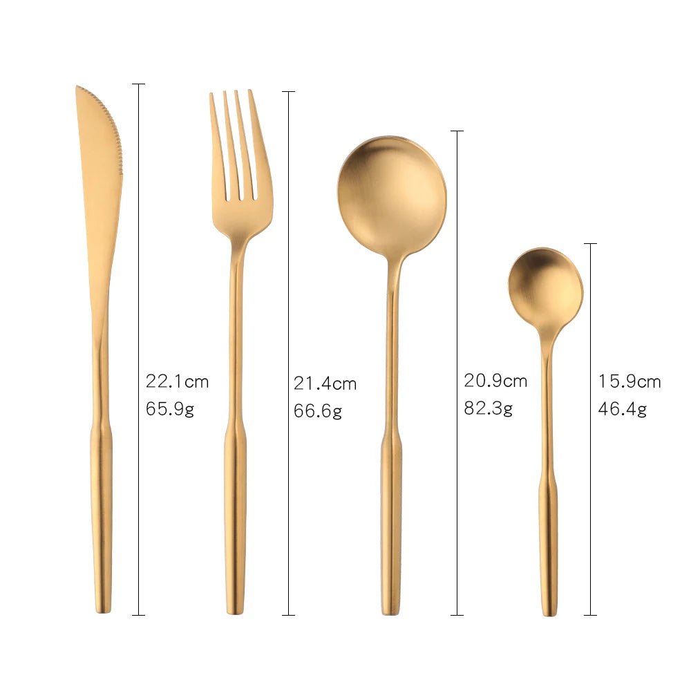 Stainless Steel Gold Dinnerware Set - Round Handle Knife, Fork, Coffee Spoon Cutlery Set, Kitchen Flatware Silverware Sets Gold