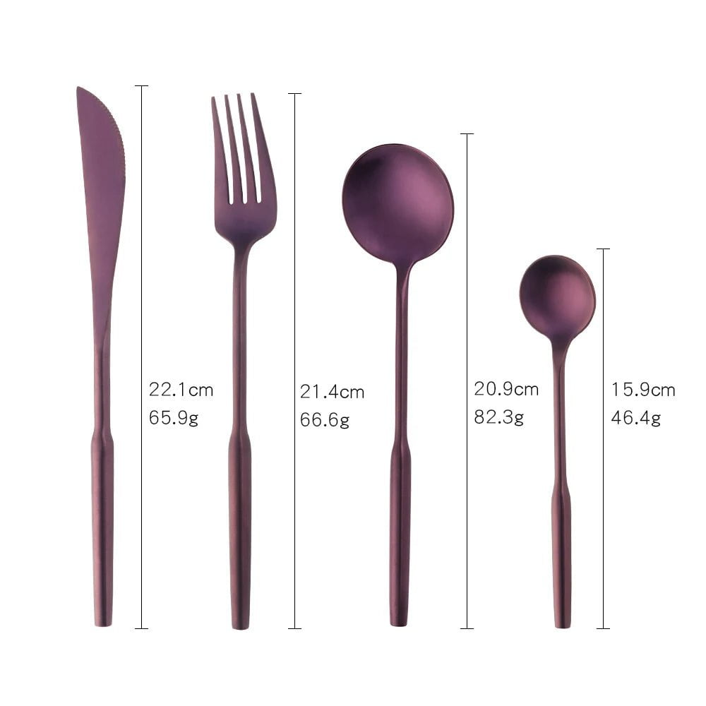 Stainless Steel Gold Dinnerware Set - Round Handle Knife, Fork, Coffee Spoon Cutlery Set, Kitchen Flatware Silverware Sets Purple