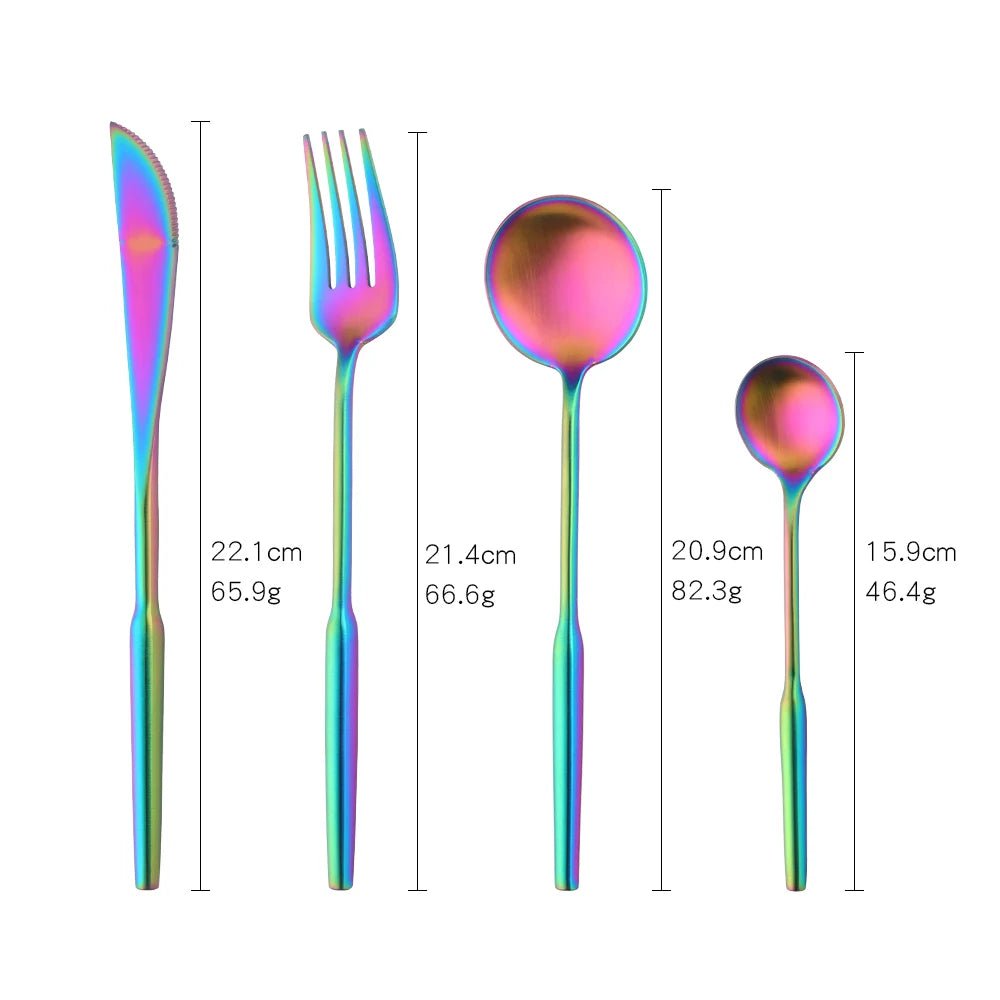 Stainless Steel Gold Dinnerware Set - Round Handle Knife, Fork, Coffee Spoon Cutlery Set, Kitchen Flatware Silverware Sets Rainbow no.0