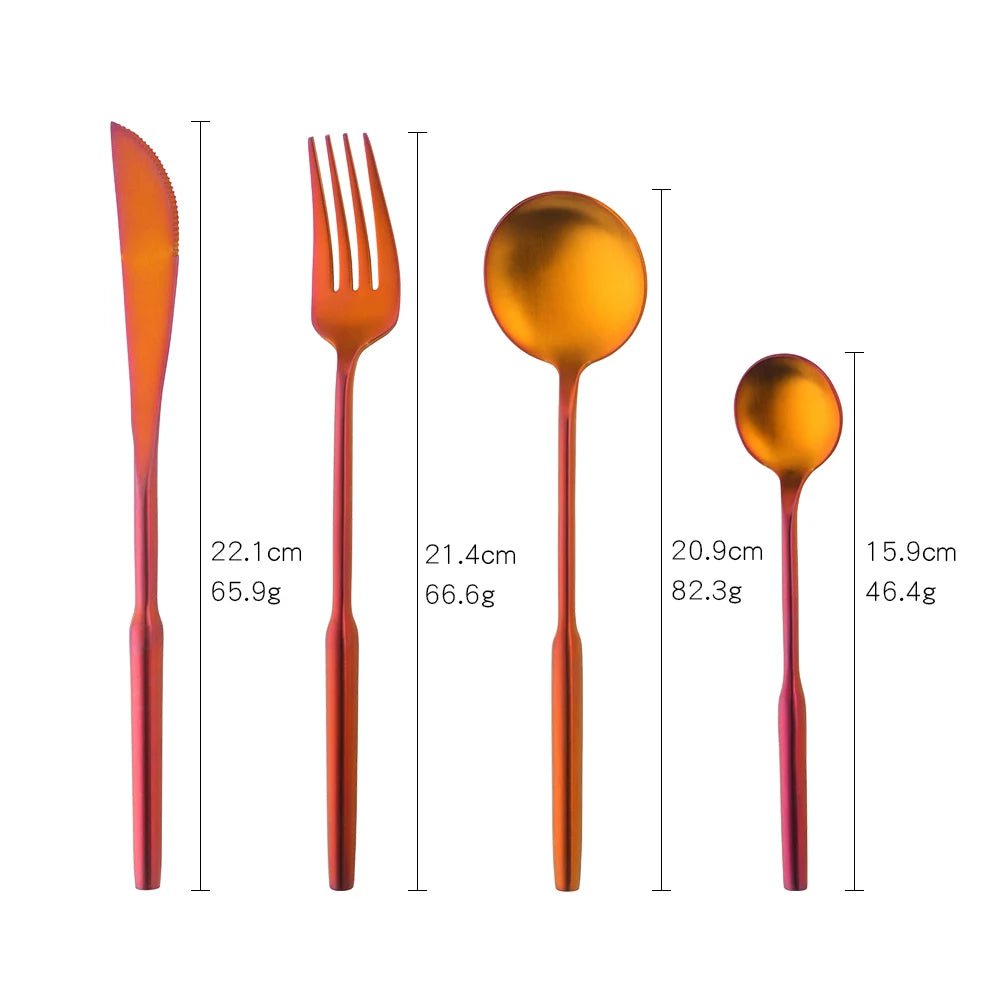 Stainless Steel Gold Dinnerware Set - Round Handle Knife, Fork, Coffee Spoon Cutlery Set, Kitchen Flatware Silverware Sets Rainbow no.3