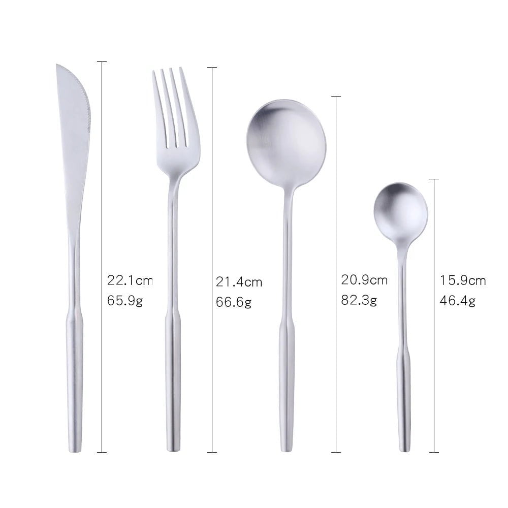 Stainless Steel Gold Dinnerware Set - Round Handle Knife, Fork, Coffee Spoon Cutlery Set, Kitchen Flatware Silverware Sets Silver