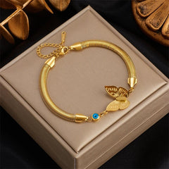 Stainless Steel Gold-Toned Blue Eye and Butterfly Charm Bracelet for Women B690