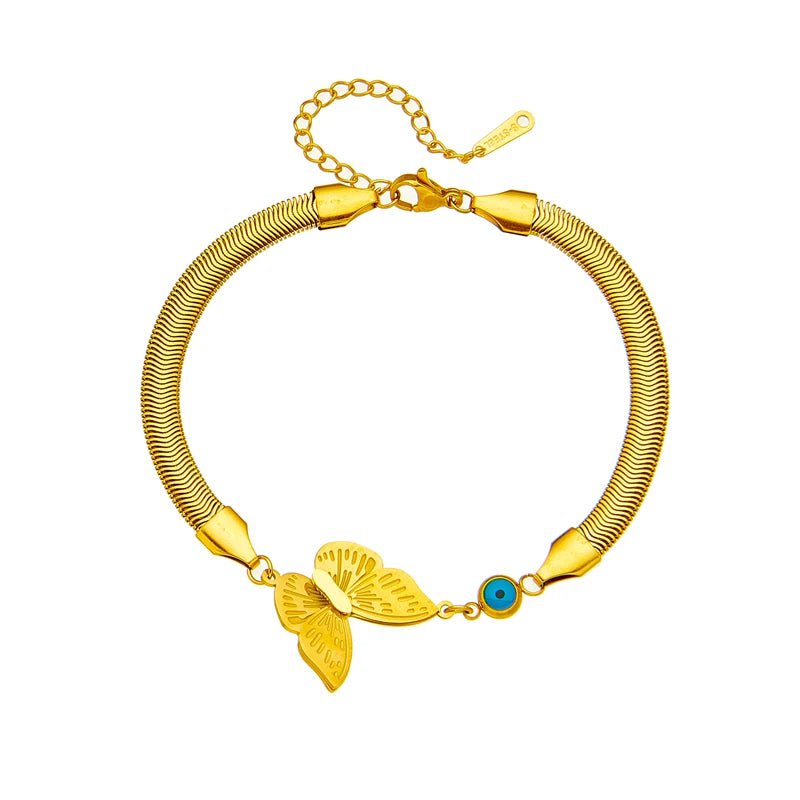 Stainless Steel Gold-Toned Blue Eye and Butterfly Charm Bracelet for Women B690