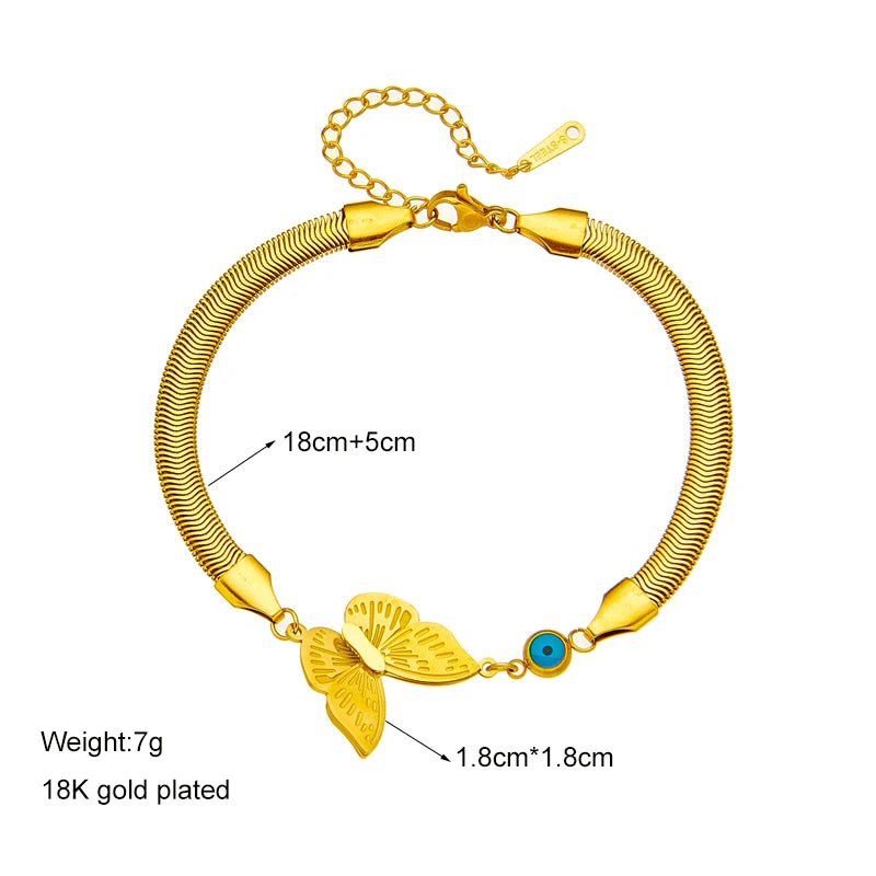 Stainless Steel Gold-Toned Blue Eye and Butterfly Charm Bracelet for Women B690