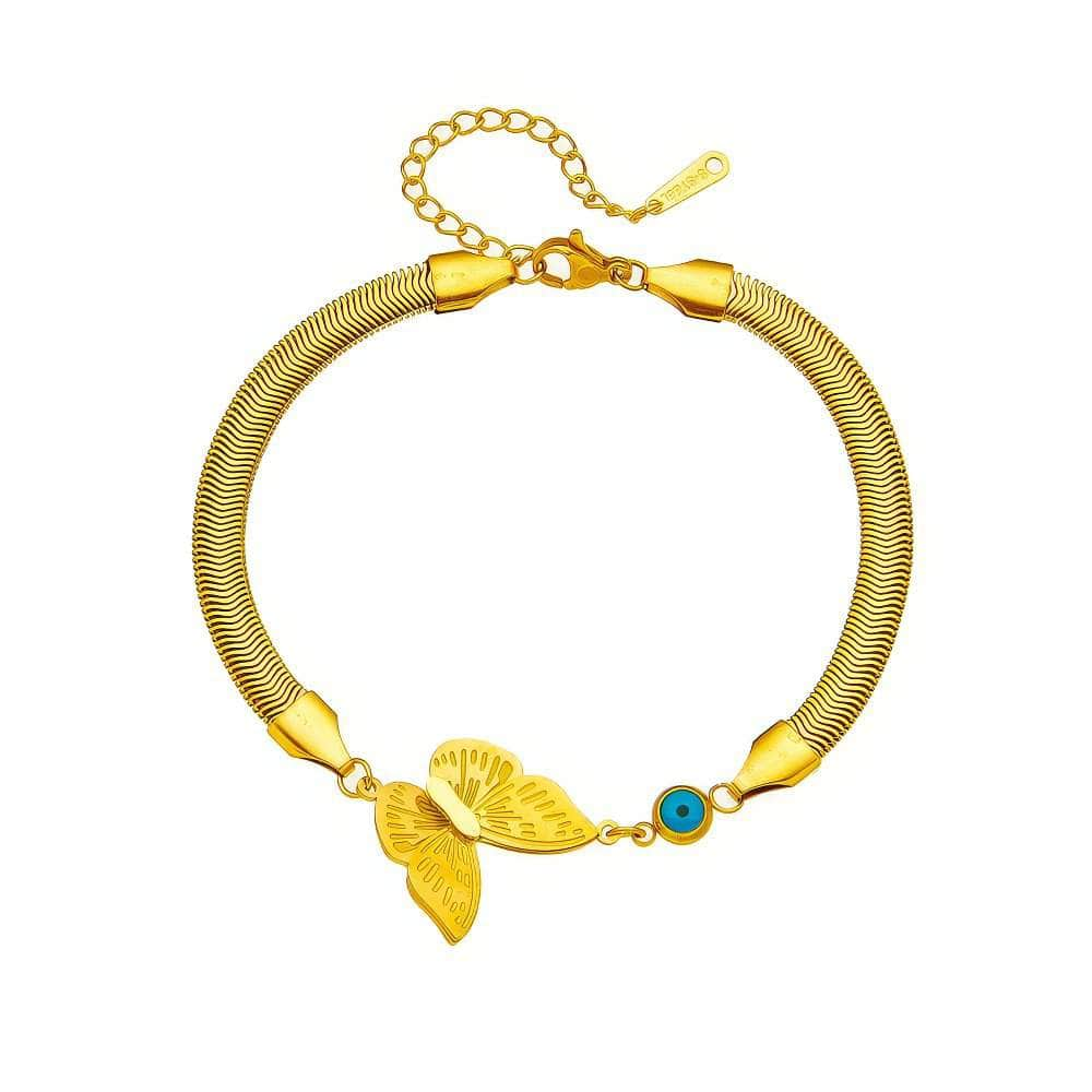 Stainless Steel Gold-Toned Blue Eye and Butterfly Charm Bracelet for Women B690