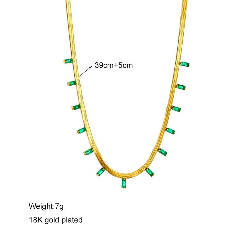 Stainless Steel Green Crystal Necklace for Women - High-Quality Gold-Colored Jewelry, Fashionable Snake Chain N1755