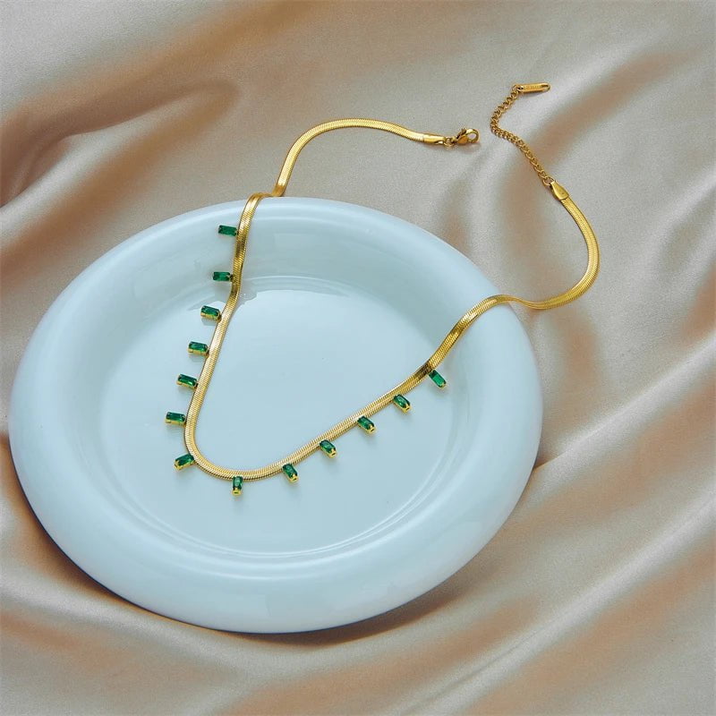 Stainless Steel Green Crystal Necklace for Women - High-Quality Gold-Colored Jewelry, Fashionable Snake Chain N1755