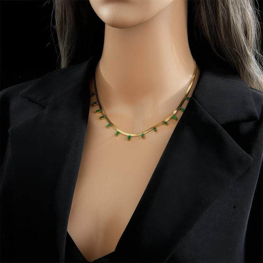 Stainless Steel Green Crystal Necklace for Women - High-Quality Gold-Colored Jewelry, Fashionable Snake Chain N1755