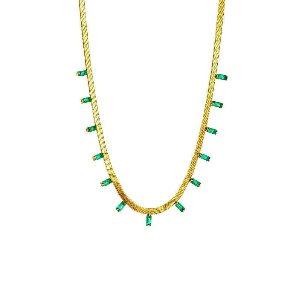 Stainless Steel Green Crystal Necklace for Women - High-Quality Gold-Colored Jewelry, Fashionable Snake Chain N1755