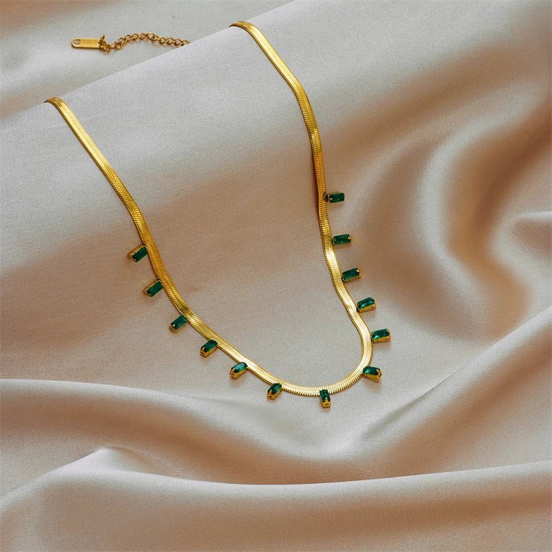 Stainless Steel Green Crystal Necklace for Women - High-Quality Gold-Colored Jewelry, Fashionable Snake Chain N1755