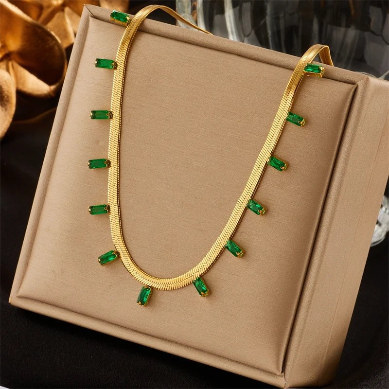 Stainless Steel Green Crystal Necklace for Women - High-Quality Gold-Colored Jewelry, Fashionable Snake Chain N1755