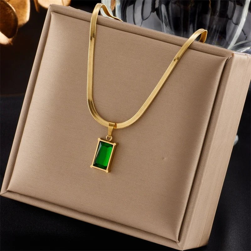 Stainless Steel Green Crystal Pendant Necklace for Women N1695