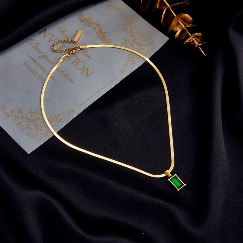 Stainless Steel Green Crystal Pendant Necklace for Women N1695